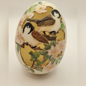 Handpainted Porcelain Cutout Decoratve Egg. Beautiful Bird design. Signed.